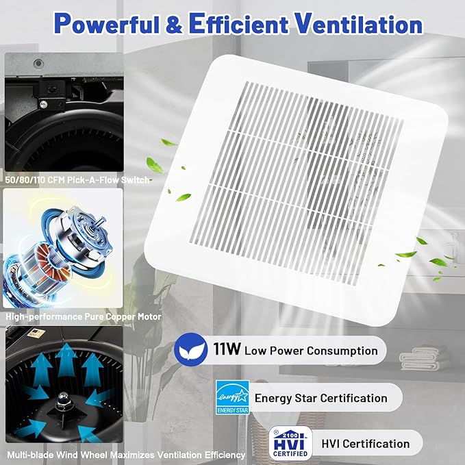 COSTWAY Bathroom Exhaust Fan, 50/80/110 CFM Ceiling Mount Exhaust Ventilation Fan w/Pick-A-Flow, Energy Star Bath Vent Fan w/Metal Housing, 4 Inches Duct, 0.3/0.8/1.5 Sones Quiet Operation, White - Image 4