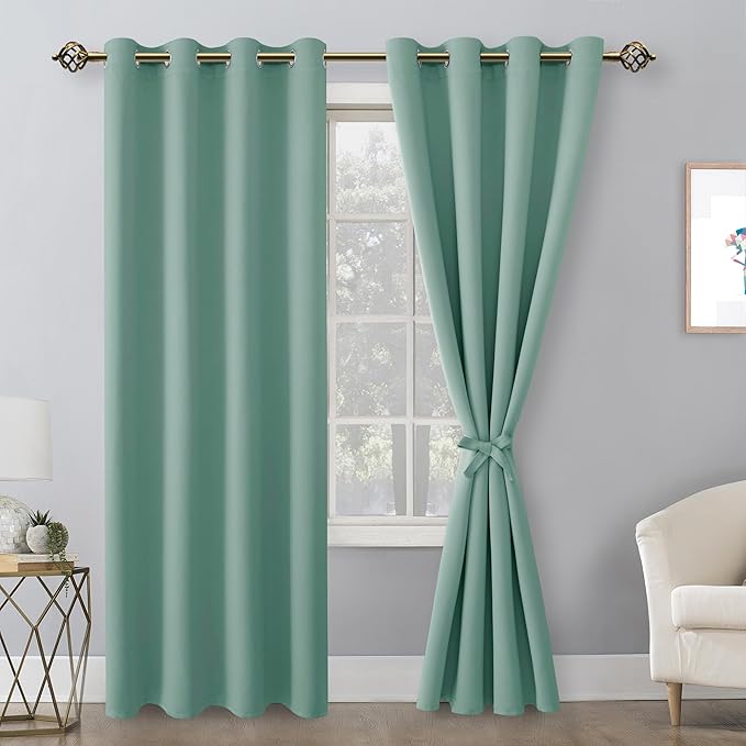 Hiasan Blackout Curtains for Bedroom, 52 x 84 Inches Long - Thermal Insulated & Light Blocking Window Curtains for Living Room, 2 Drape Panels Sewn with Tiebacks, Sage Green - Image 2