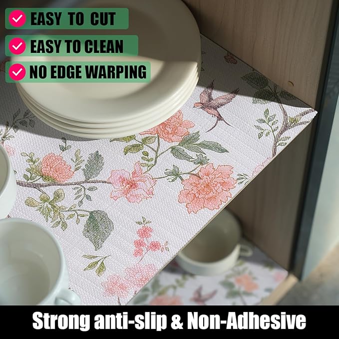 Bird Floral Shelf Liners Non Adhesive and Strong Non-Slip Shelf and Drawer Liners for Kitchen Cabinet Wire Fridge, Waterproof Shelf Drawer Liner,Easy to Clean,12IN x 10FT - Image 2