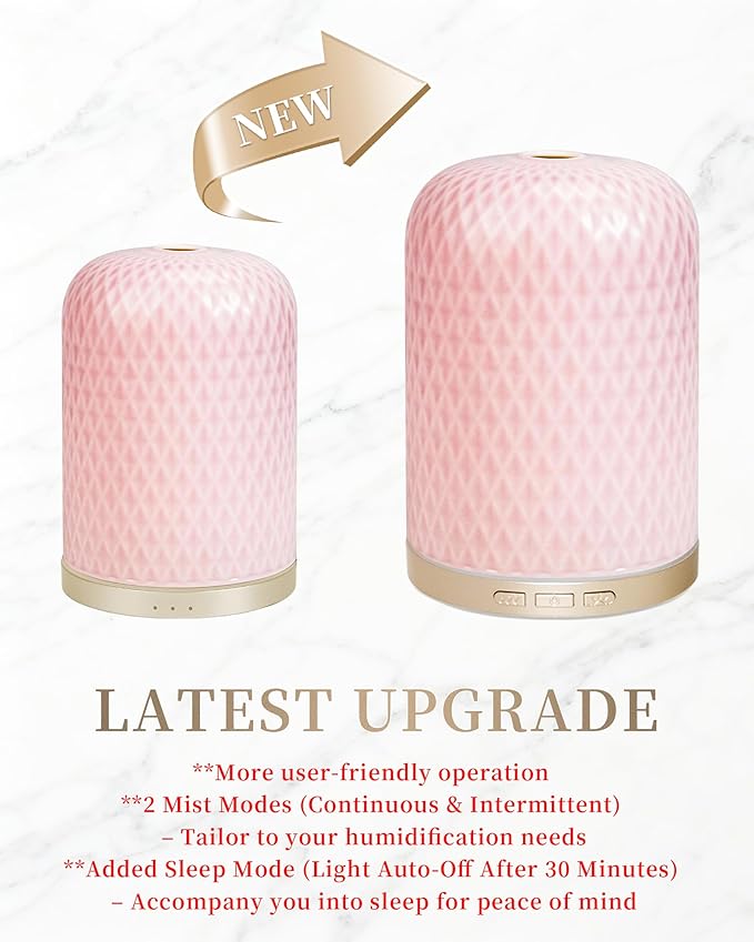 Essential Oil Diffuser for Home, 120ML Diffusers for Essential Oils Large Room, Ceramic Diffuser with USB Cable, Warm Ambient Light, Aromatherapy Diffuser Home Decor, Gift Choice, Pink - Image 7
