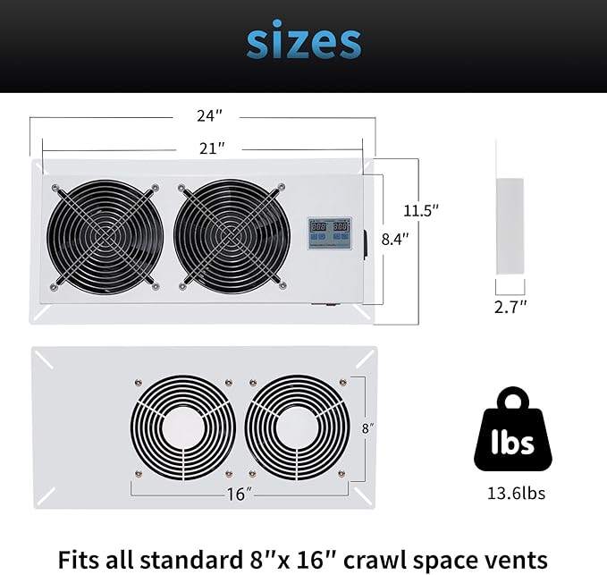 720 CFM Crawlspace Vent Fan, With Thermostat,Humidistat, Crawlspace Fans, For Moisture Reduction, Radon Mitigation, Freeze Protection, Ideal for Basement, Attic, Crawl Space Fan Vent(Air Out) - Image 2