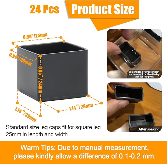 24PCS Square Rubber Furniture Leg Caps 1 Inch x 1 Inch Square Chair Leg Caps Covers Black Furniture Foot Table Chair Leg End Cap, Anti-Slip Chair Leg Floor Protectors, Black - Image 2