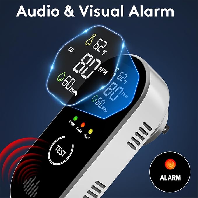3-in-1 Carbon Monoxide Detectors with Temp & Humid, Plug in, 85dB Audible & Visual CO Alarm, LCD Digital Display, Easy to Install,Test Button, Portable for Bedroom/Office/Camper, Gives Peace of Mind - Image 6