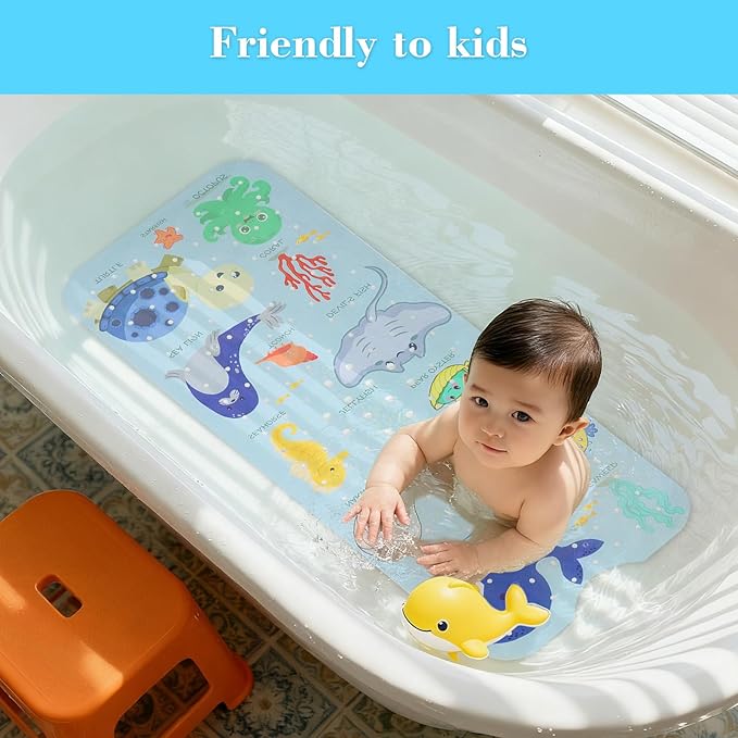 Bath Mat for Tub Non Slip, Machine Washable Anti-Slip Cartoon Baby Bathtub Shower Mat with Drain Holes and Suction Cups for Toddler & Kids, 40 Inch x 16 Inch, Blue Sea Animals - Image 2