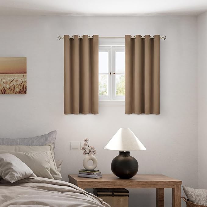 BGment Short 100% Blackout Curtains for Bedroom, Thermal Insulated Energy Efficiency Noise Reducing Grommet Curtains 54 Inch Length with Liner for Small Window 2 Panels Each 52 Inch Wide, Taupe - Image 2