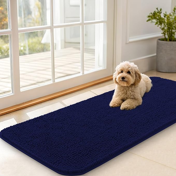 OLANLY Dog Door Mat for Muddy Paws 47x20, Absorbs Moisture and Dirt, Absorbent Non-Slip Washable Doormat, Quick Dry Chenille Mud Mat for Dogs, Entry Indoor Entryway Carpet for Inside Floor, Navy Blue by OLANLY