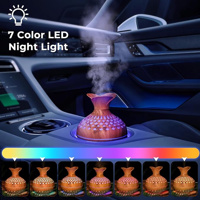 Portable Mini Humidifier, 300ml Wood Grain Vase Small Humidifiers, Quiet Cool Mist Plant Humidification for Bedroom Car, USB Personal Desktop Diffuser for Office - Image 5