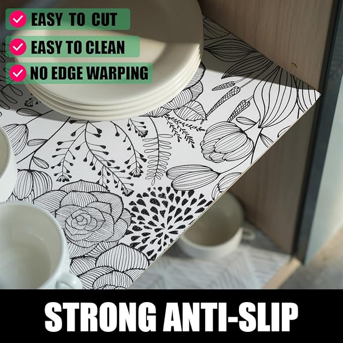 Floral Drawer and Shelf Liner for Kitchen 16IN x 10FT, Non-Adhesive and Strong Non-Slip Cabinet Drawer Liners, Waterproof Thickened Shelf Liner,Easy to Clean,Black and White - Image 3
