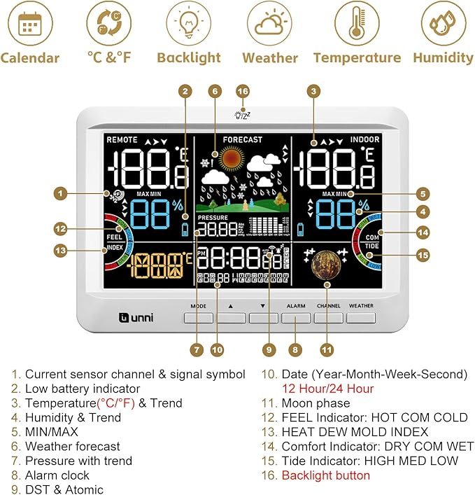 Weather Station Indoor Outdoor Thermometer Wireless, Home Atomic Clock with Large Constant Display, Inside Outside Temperature Humidity Monitor, Dew Heat Point, Barometer White - Image 6