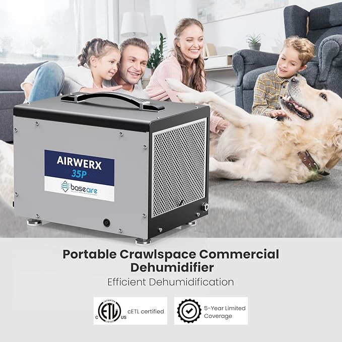 BaseAire Crawlspace Dehumidifier with Pump, Intelligent Dehumidifiers for Commercial, Basement, 70 pints, Compact, Auto Defrost, Memory Starting, Up to 1000 Sq Ft - Image 2