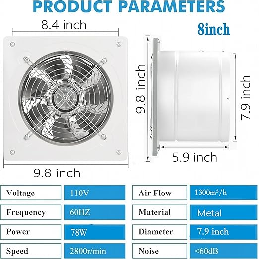 8 Inch Metal Exhaust Fan With Switch - Window and Wall Mounted Extractor With Check Valve for Kitchen, Attic, Garage, Warehouse (White) - Image 3