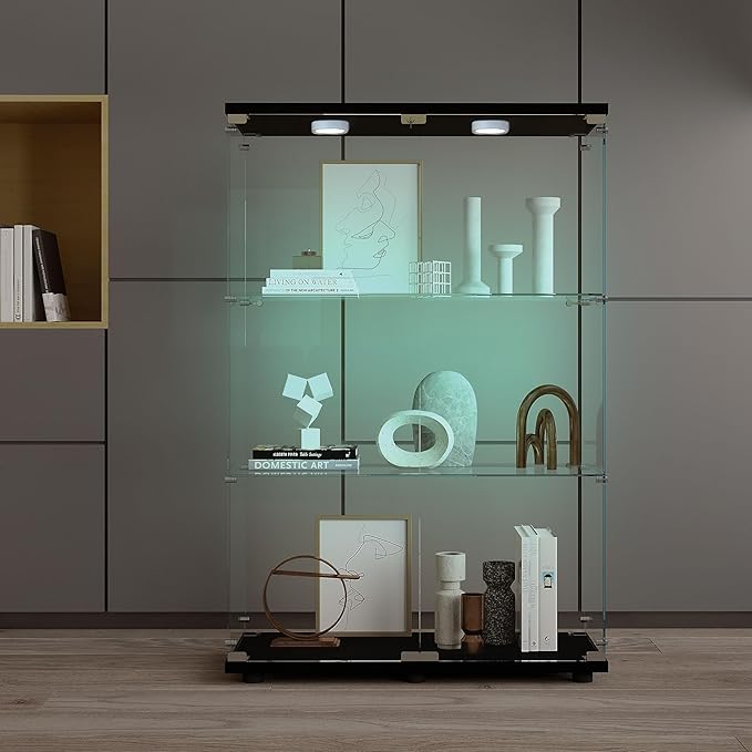 Yoluckea 3-Tier Glass Display Cabinet with Paipai Light, 2-Door Floor Standing Curio Cabinet with Adjustable Floor Feet for Home Office Corner Display, Black Glass Bookshelf for Collections and Decor - Image 6