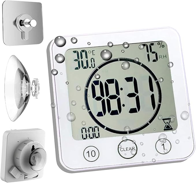 Waterproof Bathroom Wall Clock and Timer, Digital Water Resistant Hanging Timer for Shower, Large Display Kitchen Cooking Countdown Timers, Mirror Suction Clock with Temperature Humidity Meter (White) by HomemelindaExquisiteClock