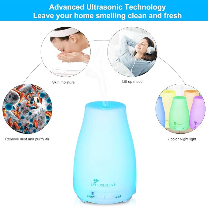 Diffuserlove Essential Oil Diffusers 200ML Remote Control Ultrasonic Mist Humidifiers BPA-Free Aromatherapy Diffuser with 7 Color Lights, Auto Shut-Off for Bedroom Office Kitchen - Image 4