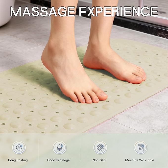 Anti-Slip Bathtub Shower mat, 39.3×15.7 inch（Approximately 100 × 40cm） Soft Oversized Machine Washable Non-Slip Bathtub mat with Drainage Holes, Bathroom Floor Suction Cup.（1-Opaque Khaki） - Image 4