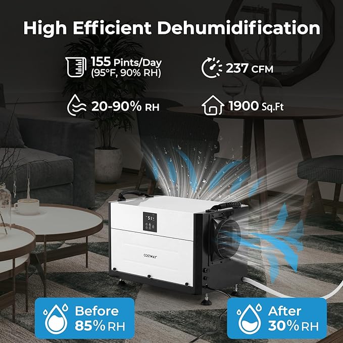 COSTWAY 155 PPD Commercial Dehumidifier, 1900 Sq.Ft Crawl Space Dehumidifier with 9.8 FT Drain Hose & Wired Remote Control Panel, Ideal for Basement, Warehouse (White) - Image 4
