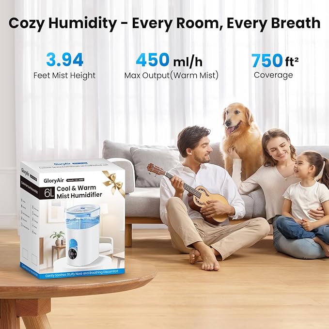 Humidifiers for Bedroom Large Room Home - GloryAir 6L Quiet Top Fill Cool & Warm Mist Humidifier with Smart Humidity Control, Remote Control, 7-Color Light, Humidistat, Oil Diffuser for Plants & Baby - Image 3
