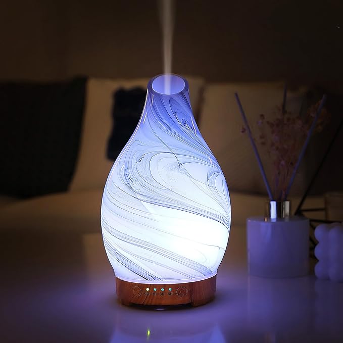 Essential Oil Diffuser, Art Glass Ultrasonic Aromatherapy Diffuser for Home 160ml with Intermittent Mist & LED 7 Colorful Changing Night Light for Bedroom-Ink Dyeing Time - Image 7