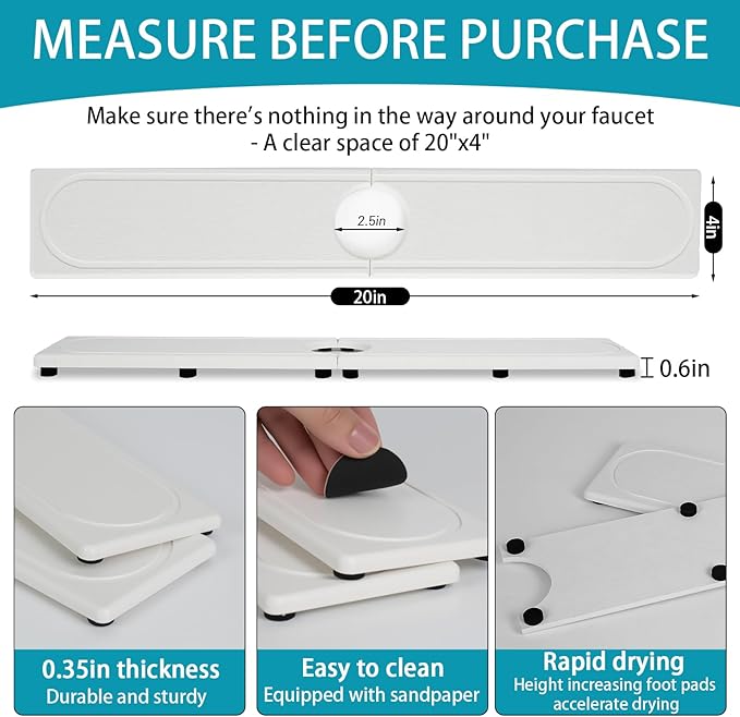 Faucet Mat for Kitchen Sink with Raised Feet, Fast Drying Diatomite Stone Sink Tray, Water Absorbent Faucet & Sink Splash Guard, Prevents Moisture Buildup, Durable Protector for Bathroom Counter - Image 6