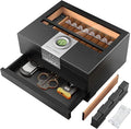 TISFA Cigar Humidor, Cedar Wood Desktop Humidor Box with Digital Hygrometer, Adjustable Humidifier, Accessory Drawer, Divider, Cigar Length Measurement, Glass Top Storage Holder Cigar Case (Black) by TISFA