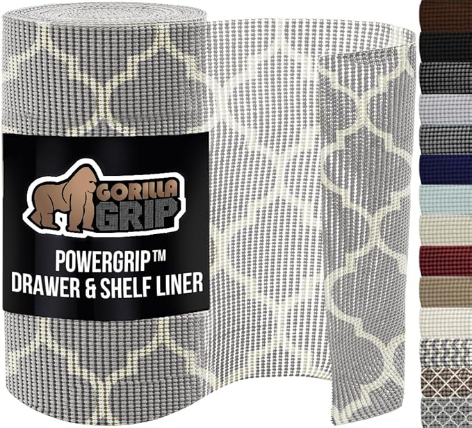 GORILLA GRIP powerGRIP Drawer Shelf and Cabinet Liner, Thick Strong Hold, Non-Adhesive Liners Protect Kitchen Cabinets and Cupboard, Bathroom Drawers, Easy Install, Breathable Mat, 17.5" x20', Gray by GorillaGrip