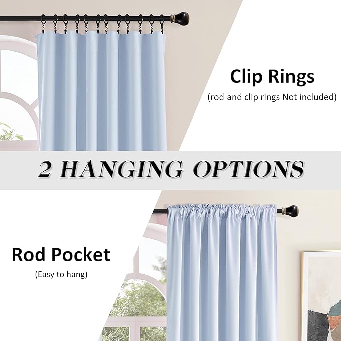 DONREN Patio Door Curtains 96 inch Length, Rod Pocket Top Thermal Insulated Blackout Panels Curtain Drapes for Sliding Glass Door (Light Blue, 60" Wide, 2 Panels) - Image 2