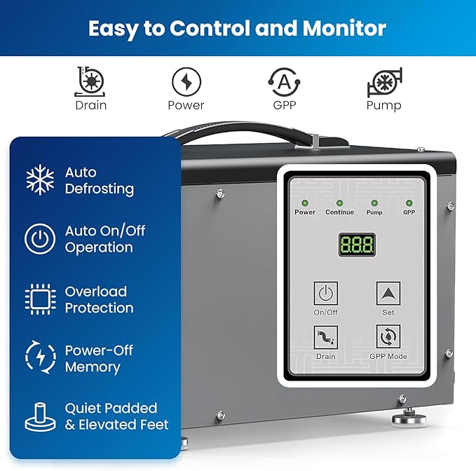 BaseAire Crawlspace Dehumidifier with Pump, Intelligent Dehumidifiers for Commercial, Basement, 70 pints, Compact, Auto Defrost, Memory Starting, Up to 1000 Sq Ft - Image 4