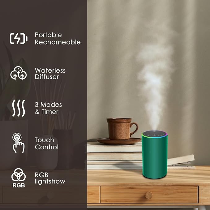Waterless Essential Oil Diffuser, Battery Powered Mini Scent Air Machine, Aromatherapy Mist Diffuser for Home Room Car Office (Green) - Image 7