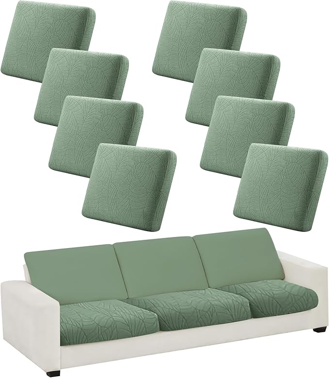 8Pcs Stretch Couch Cushion Covers, Water Resistant Outdoor Sofa Cuhsion Cover Replacement,Washable Outdoor Patio Chair Seat Cushion Covers for Furniture Protect (Sage Green, Leaf Textured) by CALBODE