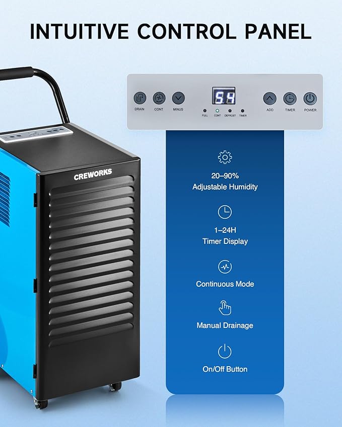 CREWORKS 180 PPD Commercial Dehumidifier, 180 Pint Dehumidifier for Basement w/Built-in Water Pump Wheels Handle, Portable Professional Dehumidification for Warehouse with Auto Defrost Display Panel - Image 4