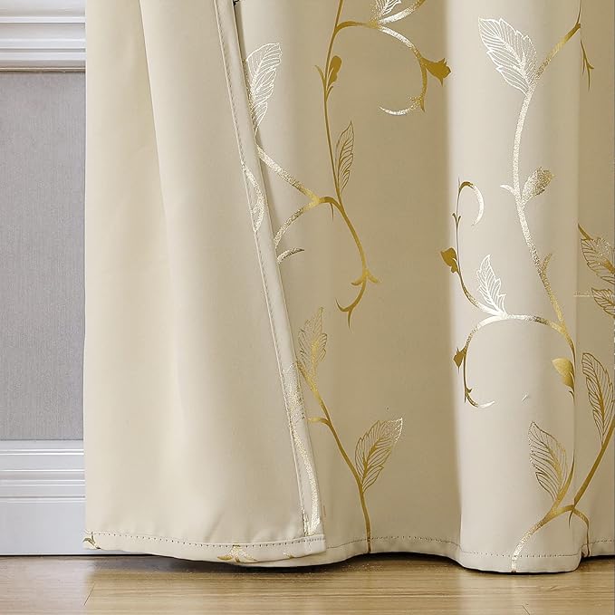 BUHUA Blackout Curtains Gold Foil Print Flower Vine Grommet Drapes, Room Darkening Thermal Insulated Curtains, Noise Reducing Curtain for Bedroom, Beige, 38Wx96L, 2 Panels - Image 4