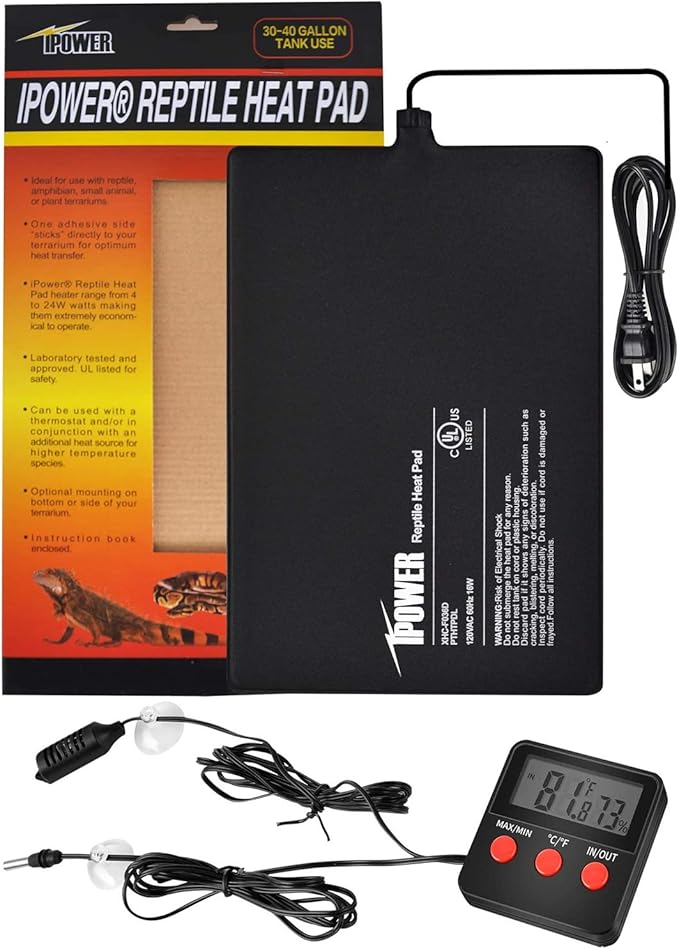 iPower 8"x12" Reptile Under Tank Heating Pad Heat Mat Terrarium Heater Warmer, Digital Thermometer and Hygrometer with Temperature and Humidity Probe for Amphibian Pet and Small Animals by iPower