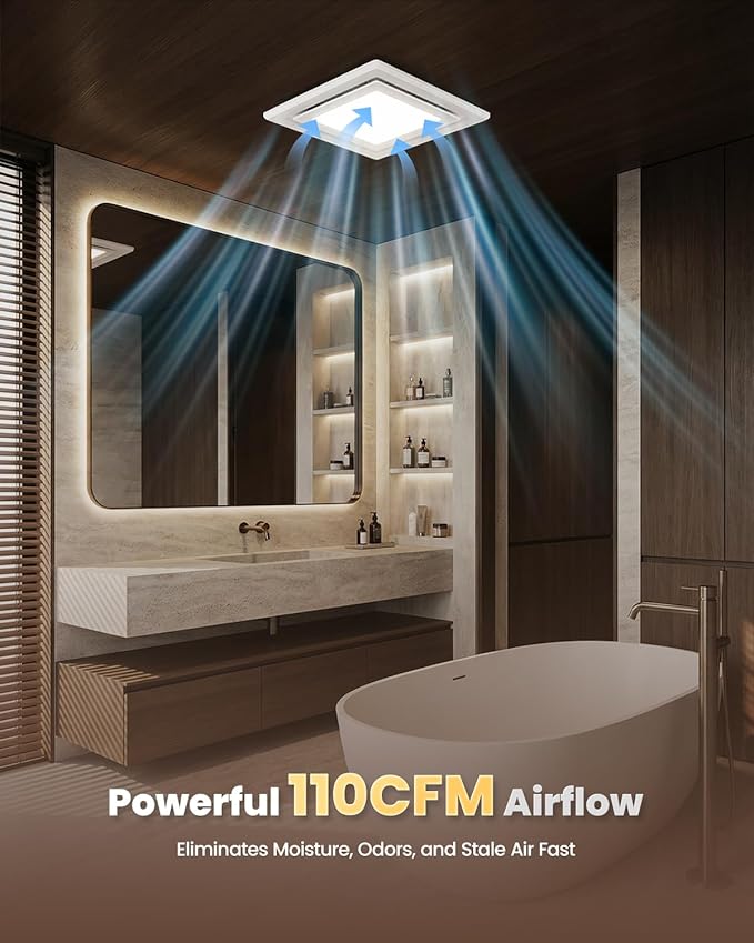 Bathroom Exhaust Fan with Light, 110 CFM 1.0 Sone Quiet Ceiling Mount Exhaust Fan, High CRI 97 3CCT LED Bathroom Ventilation Fan, LED Exhaust Vent Fan for Shower Bathroom Office Home, 4" Duct Included - Image 2