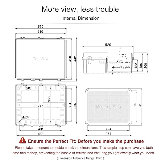 QILIPSU Waterproof Junction Box IP67 Outdoor Plastic Electrical Project Enclosure Weatherproof with Inner Door, Mounting Plate, Wall Brackets, Hinged Grey Cover 20"x16.1"x7.9" -D - Image 6