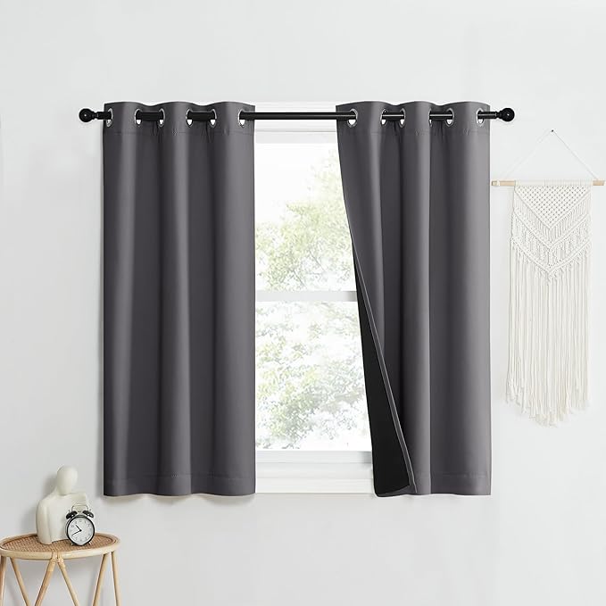 NICETOWN 100% Blackout Short Curtains with Black Liners, 2 Panels, 37" W by 40" L, Grey, Solid Thermal Insulated Full Blackout 2-Layer Lined Drapes, Energy Efficiency Window Draperies for Bedroom - Image 2
