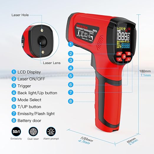-40℉~2912℉ MESTEK Infrared Thermometer High Temperature Gun,50:1 Dual Laser Thermometer/K-Probe 14°F - 932°F, Digital Laser IR Temp Gun for Cooking,Pizza Oven, Engine, Kiln, Forging, Industrial Use ﻿ - Image 7