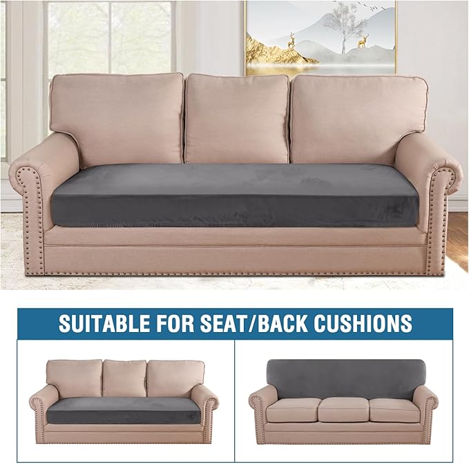 H.VERSAILTEX Velvet Stretch Individual Couch Cushion Cover Plush Cushion Slipcover for Loveseat Sofa Cushion Furniture Protector Seat Cushion Sofa Cover (1 Piece Sofa Cushion Cover, Grey) - Image 3