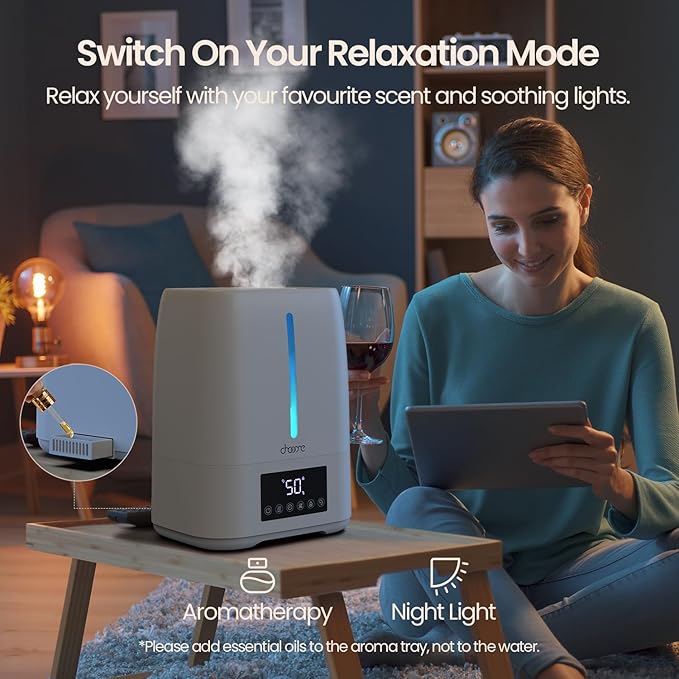 6L Top Fill Ultrasonic Humidifier - Cool and Warm Mist for Bedroom, Baby, Large Rooms & Plants, Smart Humidity Control, Aroma Diffuser, Night Light, 12H Timer, Quiet, White - Image 6