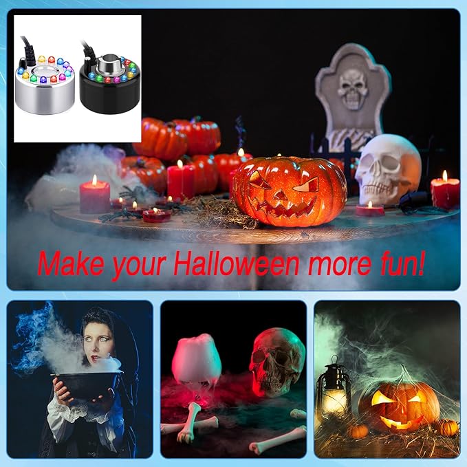 Yaomiao 2 Piece Halloween Mist Maker Fogger Small Ultrasonic Fog Machine Fountain Mister Fogger Water Garden Pond Foggers Air Humidifier with 12 LED Light Flashes for Halloween (Black and Silver) - Image 7