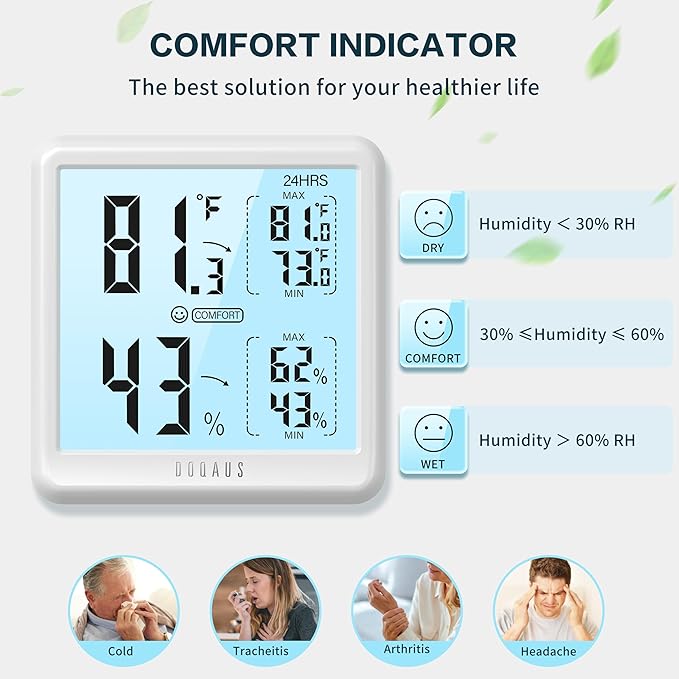 DOQAUS Digital Hygrometer Indoor Thermometer for House, Room Thermometer with 3s Fast Refresh & Max Min Records, Temperature Monitor Humidity Meter with Backlight, White - Image 4