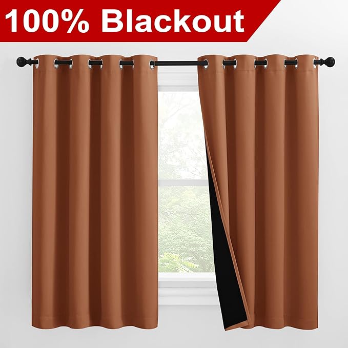NICETOWN 100% Blackout Curtains 57 inches Long, Double-Deck Completely Blackout Window Treatment Thermal Insulated Lined Drapes for Small Window (Burnt Orange, 1 Pair, 55 inches Width Each Panel) - Image 2