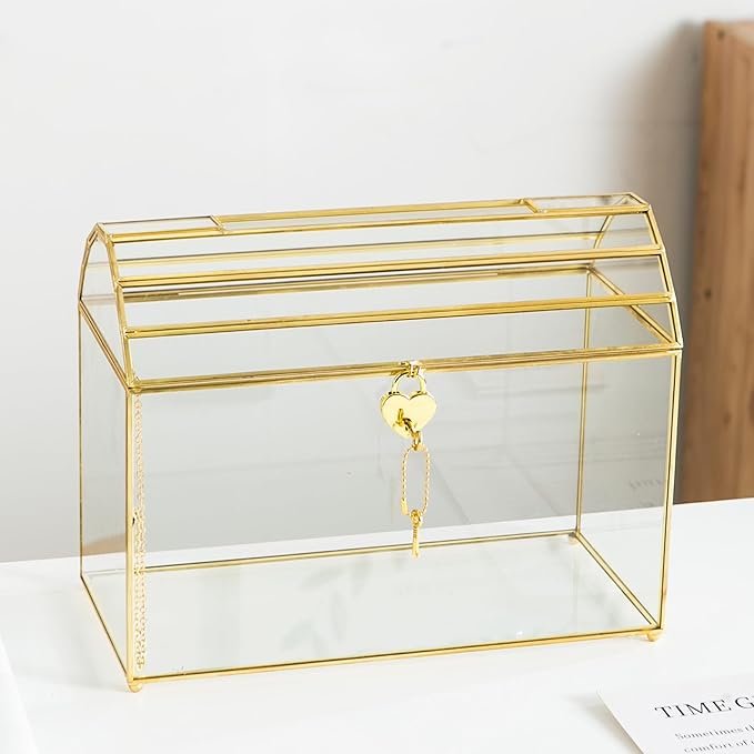 Wedding Card Box with Slot, 12.2'' Large Glass Card Boxes for Reception, Gold Cards Holder, Clear Decorative Storage Box with Lock for Baby Shower, Birthday Party, Christmas, Bridal Shower - Image 4