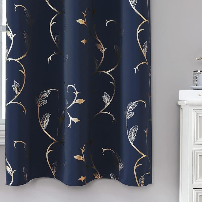 BUHUA Blackout Curtains Gold Foil Print Flower Vine Grommet Drapes, Room Darkening Thermal Insulated Curtains for Bedroom, Navy Blue, 52Wx45L, 2 Panels - Image 3