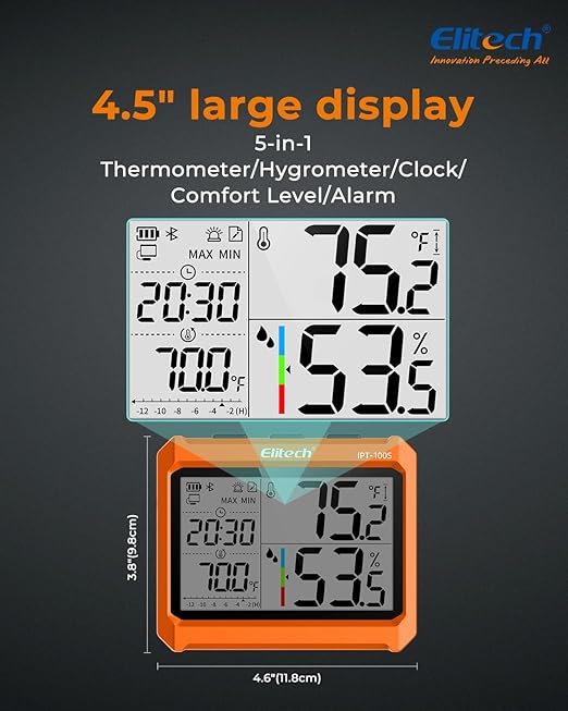Elitech Digital Bluetooth Hygrometer Thermometer, Refrigerator Thermometer with Free APP, Real-Time Temperature Humidity Monitor with 4.5" Screen, PDF&CSV Data Export, IPT-100S with External Probe - Image 8