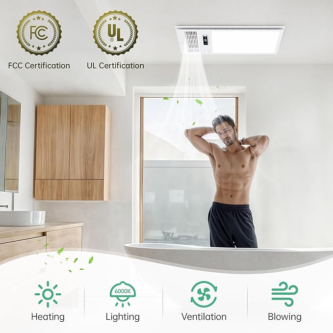 Bathroom Fan with Light and 1800W Heater, 160 CFM Ventilation, Remote Control,Quiet Exhaust, 4-in-1 Design for Heating, Lighting, Ventilation & Air Circulation for Comfort in Any Season - Image 2