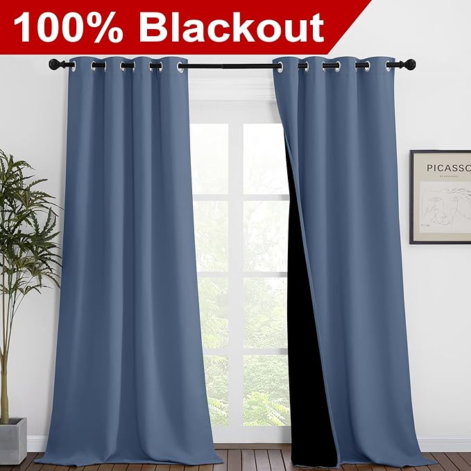 NICETOWN Insulated 100% Blackout Curtains, Noise Reducing Performance Drapes with Black Lining, Full Light Blocking Draperies for Overnight Shift Worker (Stone Blue, 1 Pair, 46 inches x 90 inches) - Image 2