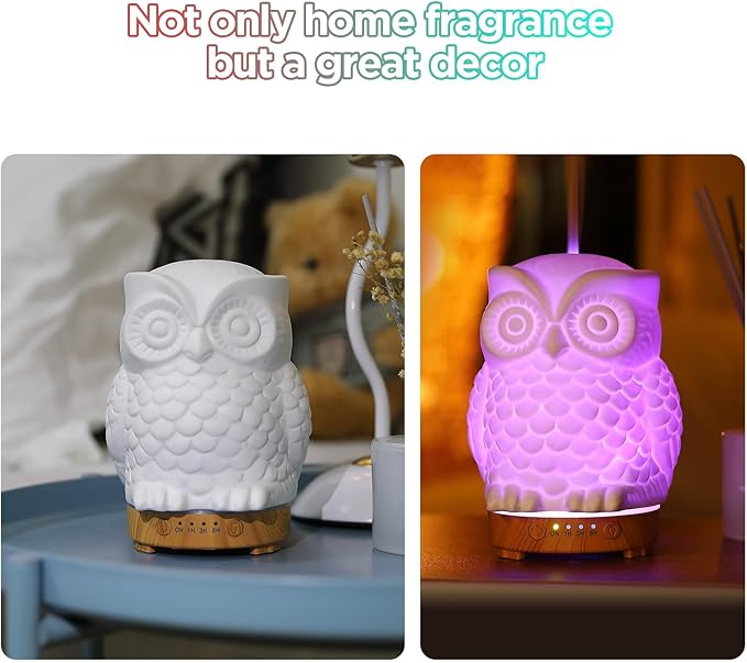 Owl Ceramic Aromatherapy Diffuser INRORANS 160ml Stone ultrasonic Cool Mist Scent Essential Oil Diffuser Humidifier with Intermittent Mist & LED 7 Colors Changing Night Light for Bedroom Office Home - Image 9