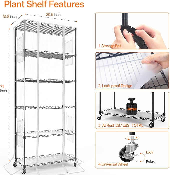 Bstrip Indoor Greenhouse with Grow Light, Mini Green House with 5 Pack T8 Full Spectrum Plant Lights, Plant Shelf with Tent for Indoor Plant, Seed Starting, Seed Tray, 29.5"x13.8"x71" - Image 7