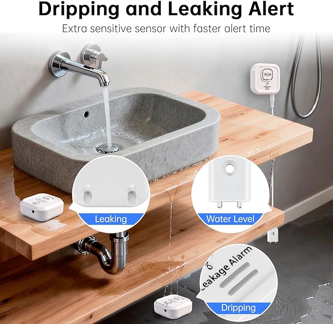 100dB Water Sensor Alarm Water Leak Detector, with Detection Lines, Wireless Tank Level Monitor for Basement,Kitchen,Bathroom (5packs) - Image 2