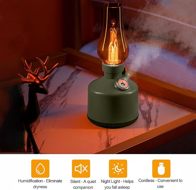 Humidifier Vintage Lantern with Lamp, Kerosene Lamp Shaped Quiet Home Humidifier, Aromatherapy Diffuser, 2 Mist Settings, Stepless Dimming, 260ML (Green) - Image 3